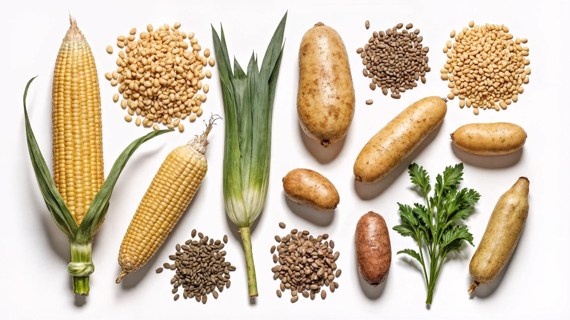 Sammlung unterschiedlicher Sorten, Mais, Kartoffeln, Soja, Raps, Sonnenblumenkerne